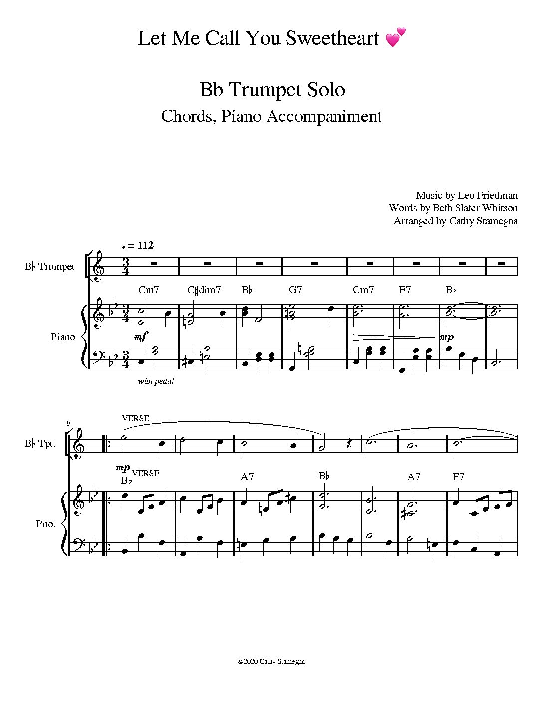 Let Me Call You Sweetheart Brass Solo Chords Piano Accompaniment For Horn In F Trumpet Trombone Sheet Music Marketplace